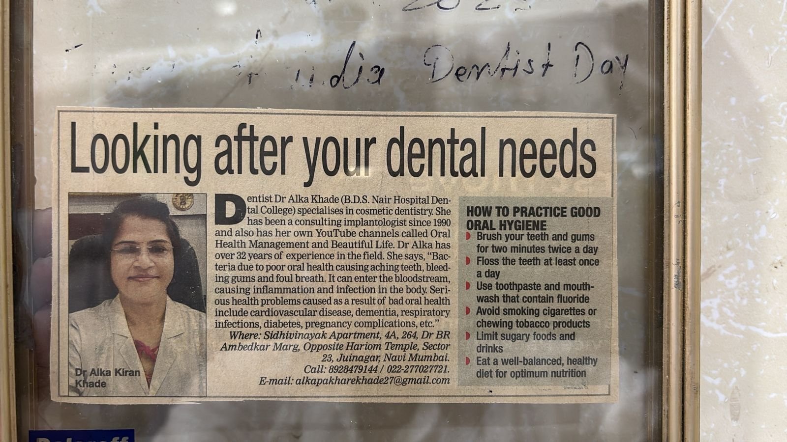 Newspaper feature on Dr. Alka Khade — Looking after your dental needs